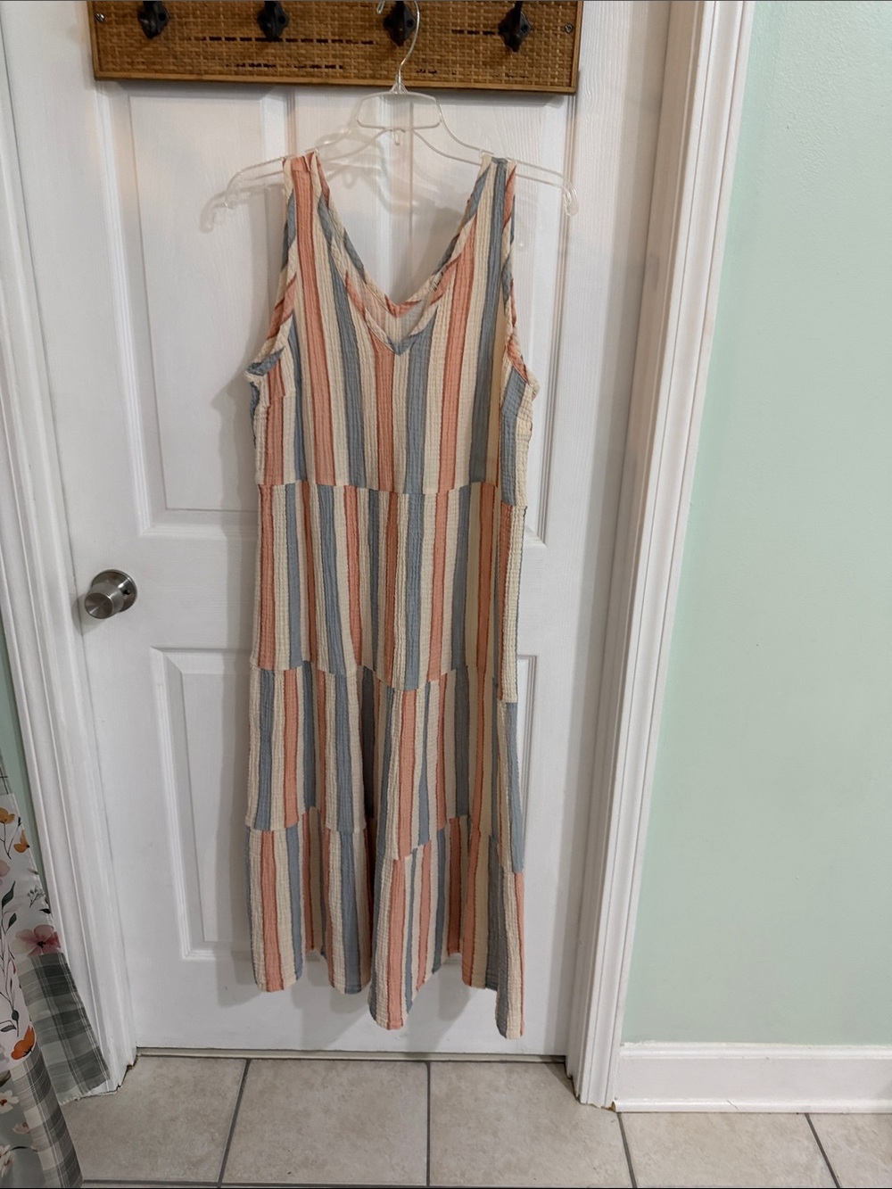 Wonderly Striped V-Neck Tiered Maxi Dress in Peach, Blue & Cream